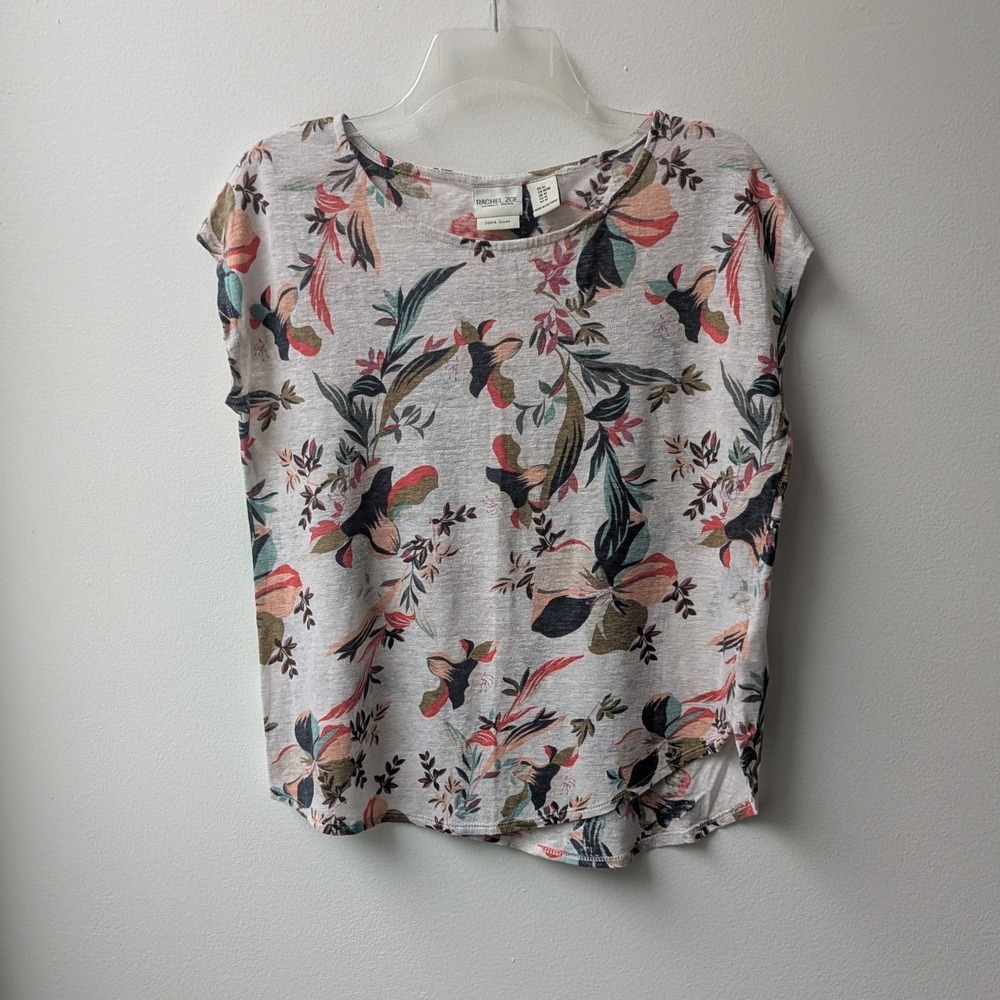 Rachel Zoe Top White Floral Tropical 100% Linen Short Sleeve Sz M Resortwear